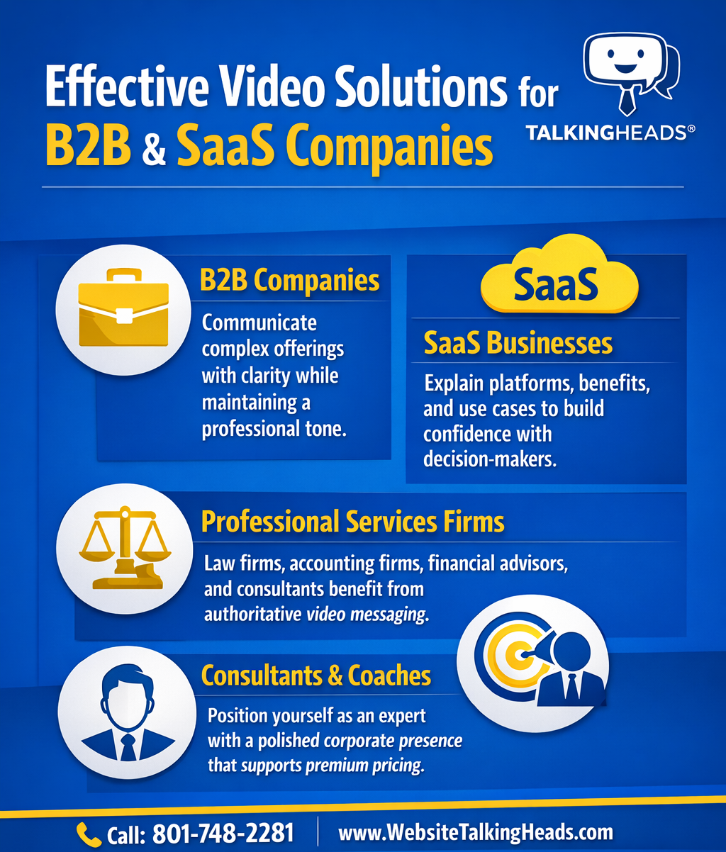 Infographic showing video marketing solutions for B2B companies, SaaS businesses, professional services firms, and consultants, highlighting how professional spokesperson videos communicate complex offerings, build trust, and support premium positioning.