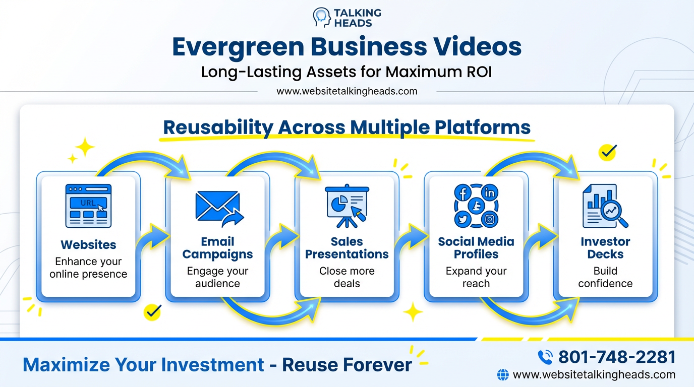 Maximize ROI with Business Videos infographic showing evergreen video content repurposed across websites, email campaigns, sales presentations, and social media profiles for high return on investment
