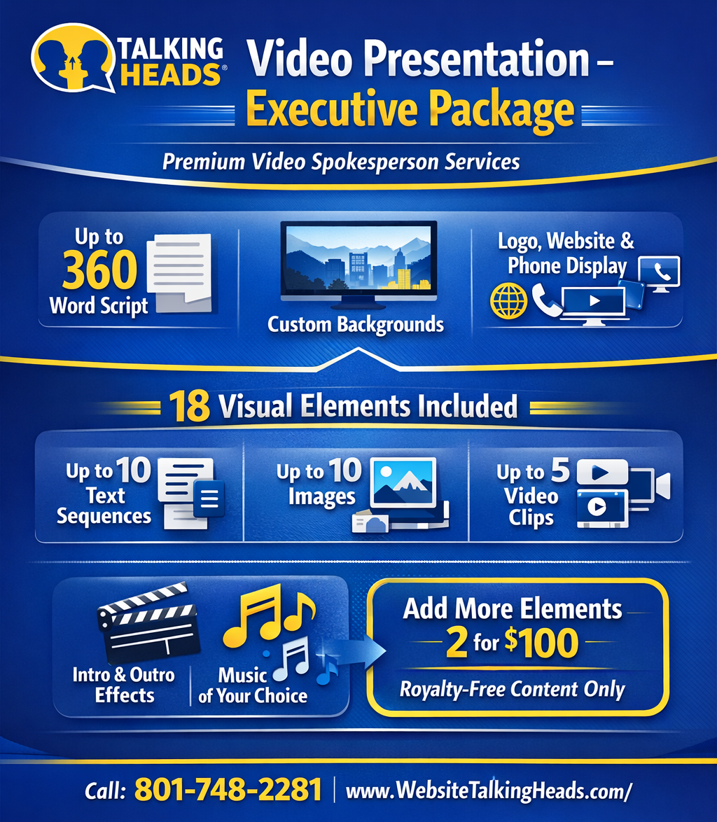 Executive video package infographic featuring a professional video spokesperson, up to 360-word script, custom or motion backgrounds, on-screen logo and website display, optional intro and outro, music selection, and up to 18 visual elements for premium video marketing